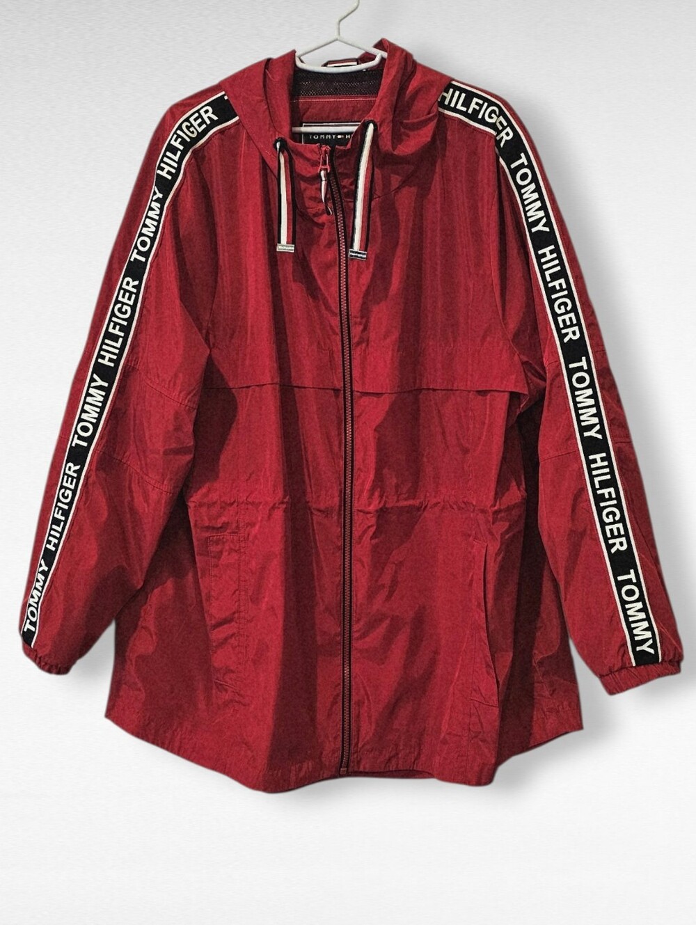 Tommy Hilfiger Jacket Men's Red Hooded Windbreaker Spellout 90s Y2K Size XL